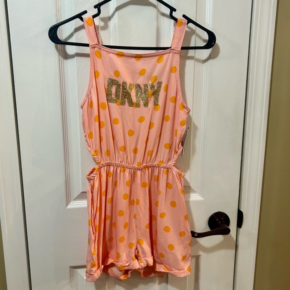 Dkny Other - DKNY Girls Medium Romper Cut Out Side Pink Orange Polka Dot NWT Sleeveless